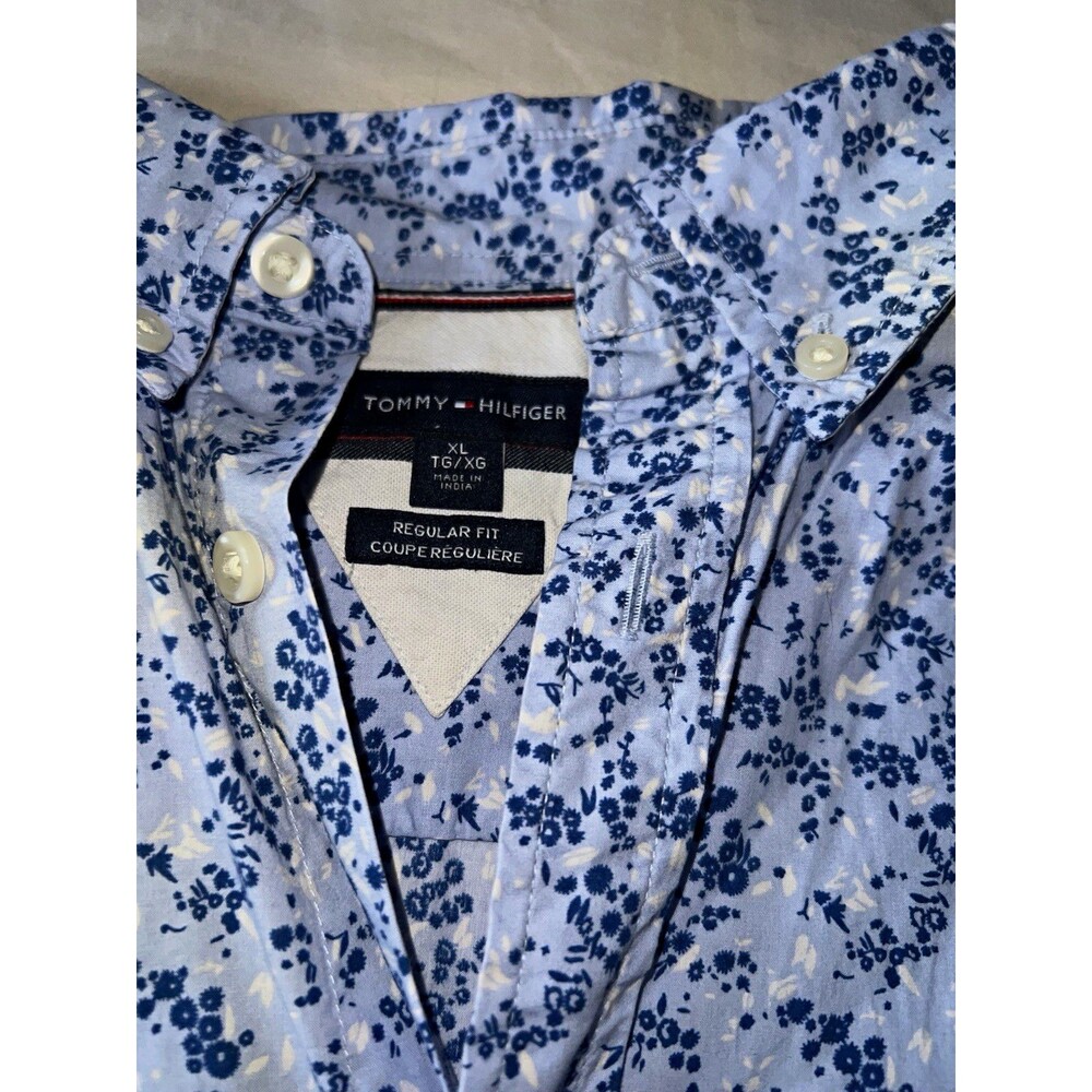 Tommy Hilfiger Mens Blue/White Floral Regular Fit SS Button-Down Shirt XL